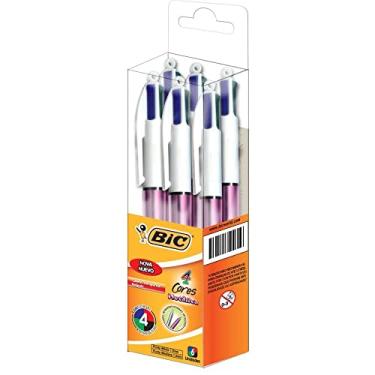 Imagem de Caneta Esferográfica, Bic, 4 Cores, Metallic, Corpo Rosa, Caixa com 6