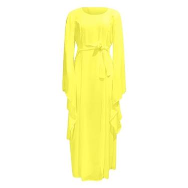 Imagem de Vestido feminino medieval formal de manga comprida chiffon manga sino elegante vestido de festa com laço na cintura, Amarelo, P