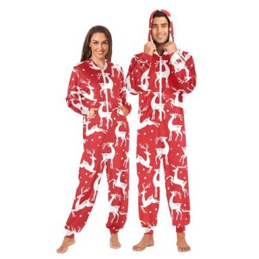 Imagem de JUNZAN Macacão de Natal Adulto Cervo e Flocos de Neve Pijama Macacão Vermelho para Adultos Fantasia Engraçada com Capuz Roupa de Dormir P, Veado e flocos de neve, vermelho, G