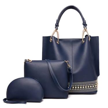 Imagem de KoeLaP Bolsas femininas de couro PU conjunto de 3 peças bolsa de ombro rebite casual feminina bolsas transversais, Azul, 32X14X33CM