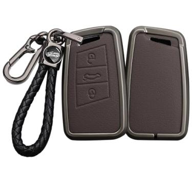 Imagem de HIBEYO Capa Smart Key Fob compatível com VW Volkswagen Passat Tiguan Skoda CC B8 MK2 B7 Superb A7 Magotan Key Leather & Alloy Key Cover Accessories with Keychains-B Brown