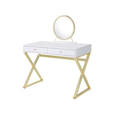 Imagem de Mesa de penteadeira com gavetas, mesa moderna de computador, laptop, escrivaninha, penteadeira de maquiagem com pernas de metal para estudo de quarto (mesa preta com espelho) (escrivaninha branca com