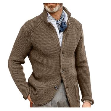 Imagem de Cardigã masculino com gola alta, gola alta, suéter de botão ajustado cor sólida streetwear tops, Cáqui, 3G