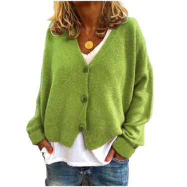 Imagem de LUZBOSE Cardigã feminino suéter feminino gola V manga longa casual cor sólida suéter solto colete de malha pulôver adequado para mulheres e meninas modernas (P, verde claro)