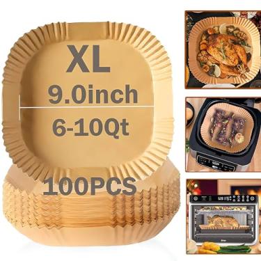 Imagem de Forro de papel descartável para fritadeira a ar, 100 peças de forros de papel pergaminho descartáveis quadrados de 22,0 polegadas quadrados, papel de assar de alta temperatura à prova de óleo e à prova de óleo (9 cm-marrom)