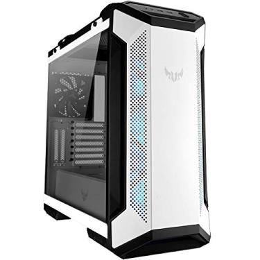 Imagem de ASUS TUF Gaming GT501 Capa de computador de torre média edição branca para até placas-mãe EATX com 2 x painel frontal USB 3.1, vidro temperado fumado, estrutura de aço e quatro ventiladores de capa