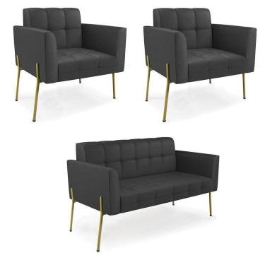 Imagem de Sofá Namoradeira E 2 Poltronas Pé De Ferro Dourado Elisa Corino Preto D03 - D`rossi