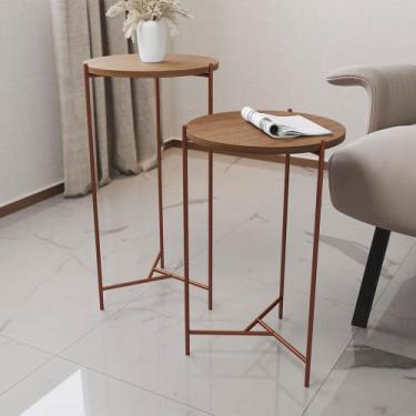 Imagem de Mesa Lateral Redonda Áquila Cobre e Tampo Imbuia - IRON WOOD