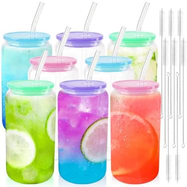 Imagem de Joyclub 8 peças de copos de vidro com tampas de acrílico e canudos de 473 ml, copos de café gelado em forma de lata com tampas e canudos, copos fofos para smoothie whisky boba refrigerante chá