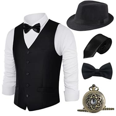 Imagem de BABEYOND Conjunto de acessórios de fantasia masculino Gatsby Gangster da década de 1920, chapéu Fedora, Preto, XXG