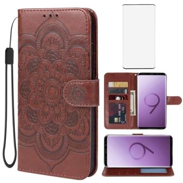 Imagem de Bohefo Capa carteira para Galaxy S9 Plus/Samsung S9+ G965U com protetor de tela de vidro temperado, capa flip de couro mandala em relevo com suporte para cartão de crédito para Samsung Galaxy S9+