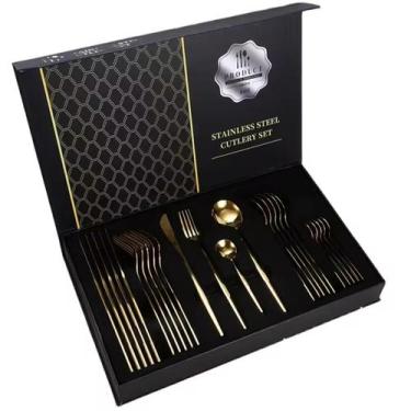 Imagem de Kit Conjunto Talheres 24 Peças Faqueiro Luxo - Be Welcome, Dourado 