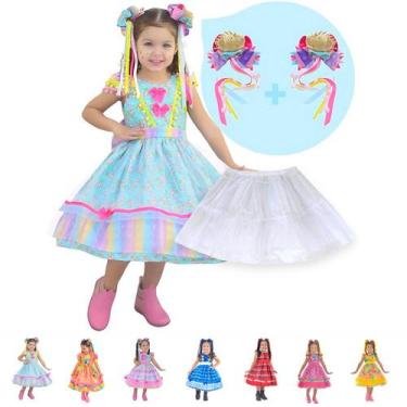 Imagem de Vestido Festa Junina Luxo Várias Cores + 2 Enfeite Cabelo + Saia Armaç