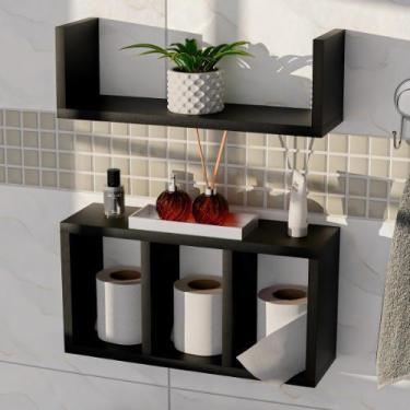 Imagem de Kit 2 Nichos Suspenso Banheiro Lavabo Porta Papel Higiênico Preto MDF 