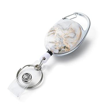 Imagem de Molinetes retráteis, suportes de crachá retráteis, com padrão de impressão colorida dupla face, com chaveiro retrátil, clipe de crachá e chaveiro, corda retrátil de nylon durável, mármore cinza claro