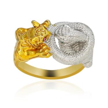 Imagem de Anel de tigre de cobra para homens, ouro tigre prata luta cobra, anel vintage gótico vermelho cabeça de tigre, anel punk hip hop olhos verdes, anel de envoltório de cobra, presente de animal viking para homens e meninos