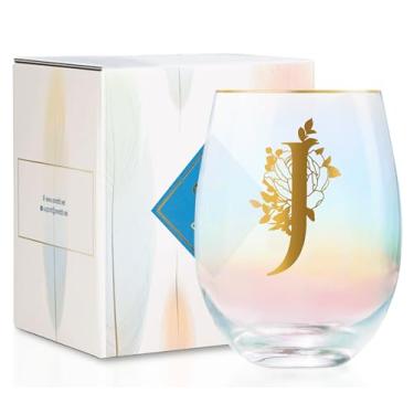 Imagem de Onebttl Presentes de vinho personalizados para mulheres, taça de vinho sem haste fofa com iniciais, presentes de monograma para amantes de vinho em aniversários de Natal, J