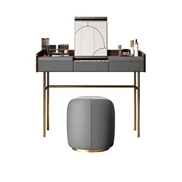 Imagem de LICONG-2019 Conjunto de penteadeira com banquinho, cômoda para casa, dobrável, couro, madeira de alta qualidade, quarto, mesa de maquiagem, banco de maquiagem, laranja, cinza, espelho de maquiagem
