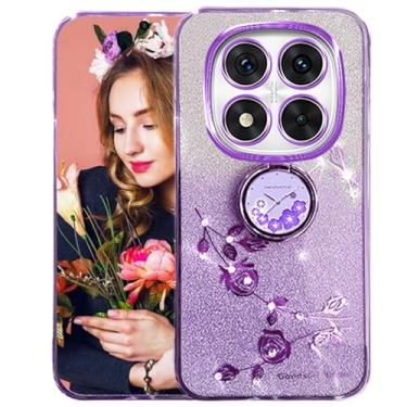 Imagem de Ysnzaq Capa brilhante para Xiaomi Redmi Note 14 Pro+ Plus com suporte de anel, design floral com glitter transparente, fina, macia, TPU à prova de choque, para mulheres e meninas, para Xiaomi Redmi