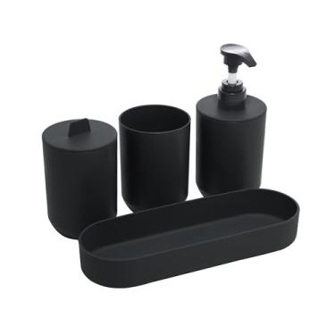 Imagem de LYOR - Conjunto 4 Peças de Bambu e PP para Banheiro Preto - Porta-sabonete líquido, Porta-escova de dentes, Saboneteira, Porta Algodão