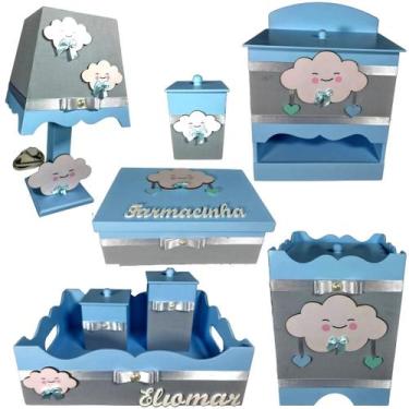 Imagem de Kit Higiene bebê Mdf menino 8 pçs - CHUVA DE AMOR AZUL BB COM CINZA - 