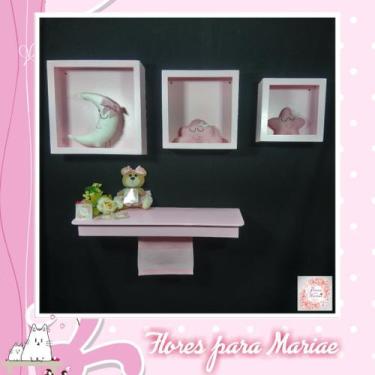 Imagem de Kit Nichos Cubo + Prateleira com Varão MDF - Rosa BB Bebê - Flores par