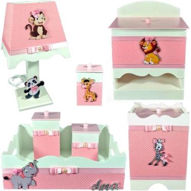 Imagem de Kit Higiene bebê Mdf menina  7 pçs - Safari rosa bb bolinhas - Flores 