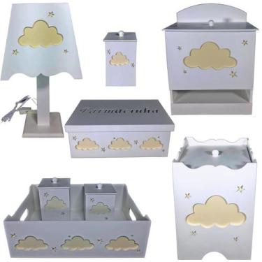Imagem de kit higiene bebe mdf decorado 8 pçs - NUVEM CREME - Flores para Mariae
