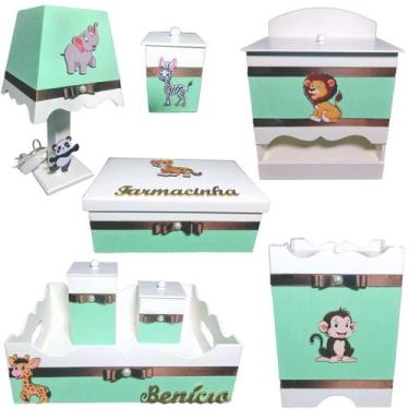 Imagem de Kit Higiene bebê Mdf menino 8 pçs - SAFARI VERDE CLARO - Flores para M