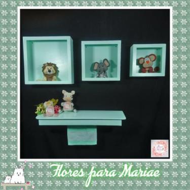 Imagem de Kit Nichos Cubo + Prateleira com Varão MDF - Verde BB Bebê - Flores pa