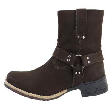 Imagem de Bota Country Couro Cano Médio Aplicaçoes Argola Lateral Sola Borracha Costurada Palmilha EVA