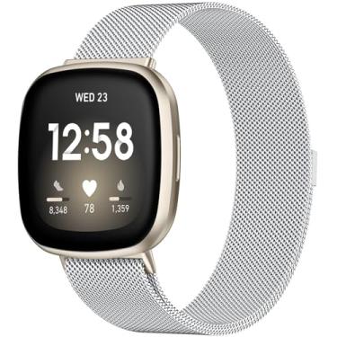 Imagem de ZWGKKYGYH Compatível com Fitbit Versa 3 Sense para mulheres, homens e Sense 2 Versa 4, pulseira de aço inoxidável, de malha de metal respirável, acessórios de substituição com trava magnética, prata