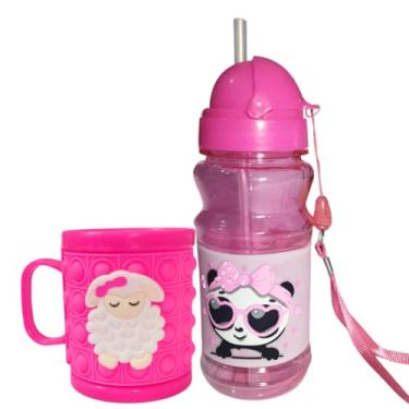 Imagem de Kit Escolar Garrafa E Caneca 3d Plástica Infantil Emborrachada Alto Relevo Canudo Silicone (Rosa)