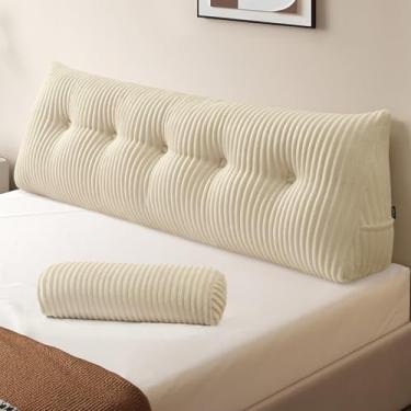Imagem de Z-hom Travesseiro grande de cunha, cama queen triangular para cabeceira, travesseiro de leitura com rolo para cama, sentado e dormindo, almofada de encosto, almofada de cabeceira para costas, creme