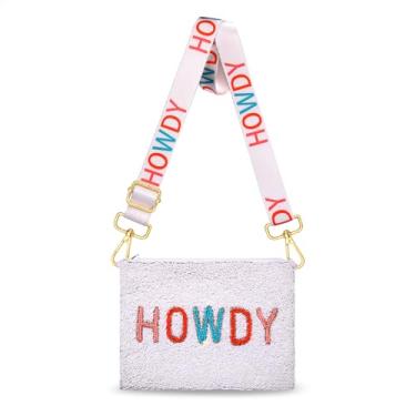 Imagem de CEALXHENY Bolsa Western para mulheres com contas HOWDY bolsa transversal cowboy bota chapéu bolsa de ombro rodeio lembrancinhas de despedida de solteira, Branco