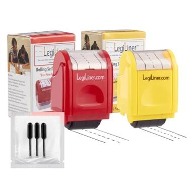 Imagem de LEGILINER Conjunto de 2 carimbos tracejados para professores de caligrafia tracejados – vermelho de 1,9 cm e amarelo de 1/5.1 cm com refil de tinta grátis. Sala de aula, dever de casa e uso doméstico