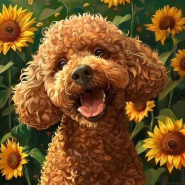Imagem de Cute Brown Poodle Dog in Girassóis 5D Diamond Art Painting by Number Kits para Adultos Pintura DIY com Broca Completa Diamante Redondo Gemas Pintura Arte Artesanato para Decoração de Parede de Casa 35
