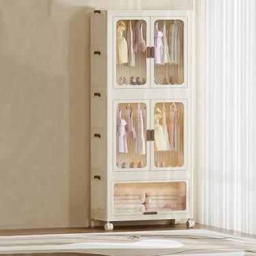 Imagem de Curtainboro Armário de guarda-roupa portátil de 3 camadas, armário dobrável com haste suspensa e 10 cabides, caixa de armazenamento de plástico com rodas para dormitório de quarto, fácil instalação