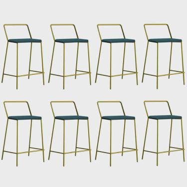 Imagem de Kit 08 Banqueta Alta Com Encosto Mili Industrial Cozinha Bistrô Ferro Dourado Sintético Azul Turquesa - Ahz Móveis
