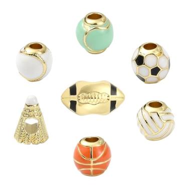 Imagem de Ipotkitt 7 peças, 7 estilos, contas esmaltadas com tema esportivo, basquete, futebol, bronze, bola, ornamentos, para artesanato DIY, chaveiro, pulseira, brinco, fabricação de joias