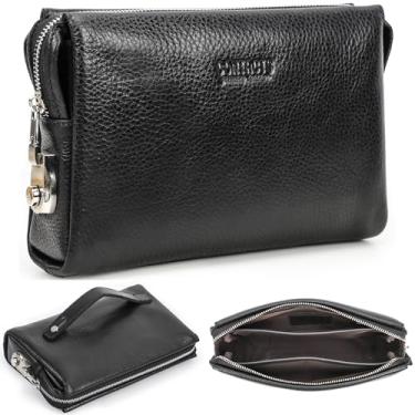 Imagem de Carteira de couro genuíno de grão superior para homens e mulheres, design retrô feito à mão, grande capacidade RFID para cartões/telefone/cheque/dinheiro/moedas, 【Carteira de embreagem】Estilo 5 - Trava de código preto, Vintage Leather Wallet-Handmade, Vintage