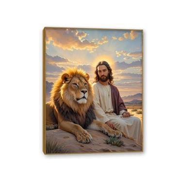 Imagem de Arte de parede em tela Jesus e Cordeiro, pôr do sol Leão judeu e Jesus, impressão de pôster de Jesus Rei Leão Cristão Pintura Religiosa Arte Igreja Decoração de Parede Imagens 65 x 50 cm Moldura