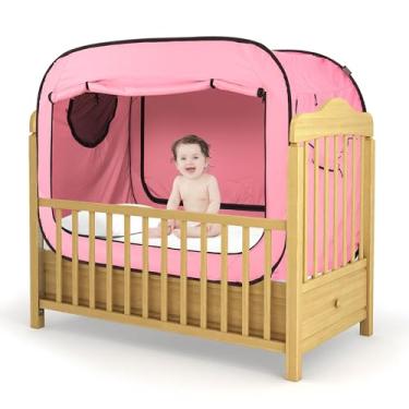 Imagem de Barraca dobrável para cama de bebê Poray para dormir com 2 portas com zíper, janelas de malha respirável e bolsa de transporte portátil (rosa)