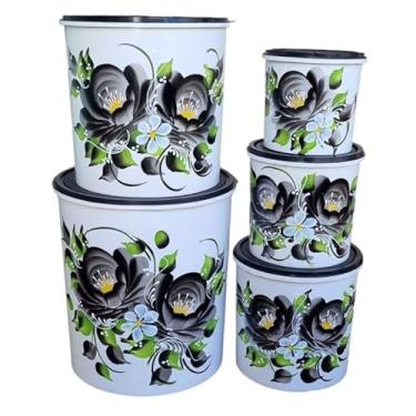 Imagem de Kit Mantimento 5 Peças Decorado A Mãojogo De Mantimento Lata Plástico,Organizador Alimentos(Branco preto,5 peças)