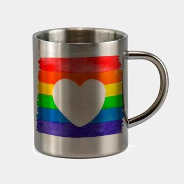 Imagem de Caneca de Inox Premium Prateada 400ml Coracao Bandeira Arco Iris LGBT 