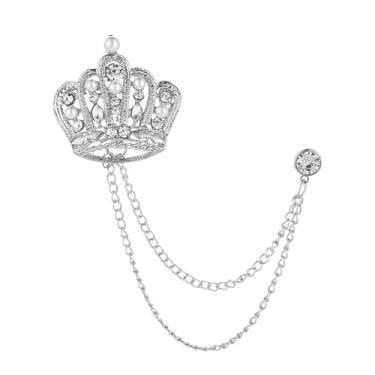 Imagem de coadipress Coroa com corrente suspensa broche para mulheres homens elegantes cavalheiros ouro prata cristal coroa lapela broche vintage strass casamento terno camisa pin acessórios, Middle, Liga de