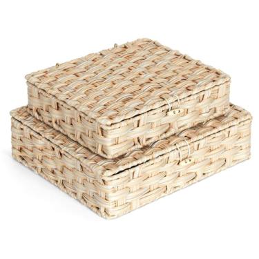 Imagem de ORGMASTER Cesta de armazenamento de vime com tampa, organizador de vime com botão de bloqueio, caixas de armazenamento planas aninhadas, caixas de armazenamento decorativas com tampas, 28 x 23,5 x 7