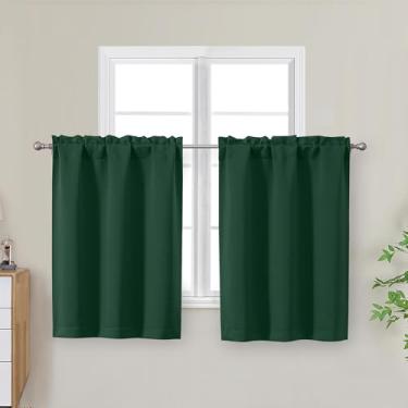 Imagem de OWENIE Ever Green Cortinas de cozinha 76 cm de comprimento, pequenas cortinas blackout com isolamento térmico, camada sobre a pia, bolso para varão, meia janela, para banheiro, quarto, acampamento