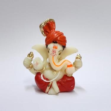 Imagem de Gold Art India Polyresin Lord Ganesha Idol para painel de carro, casa, escritório Ganpati estátua para decoração Mandir feita à mão Ganesh Murti (5 x 6,3 cm, vermelho e laranja)
