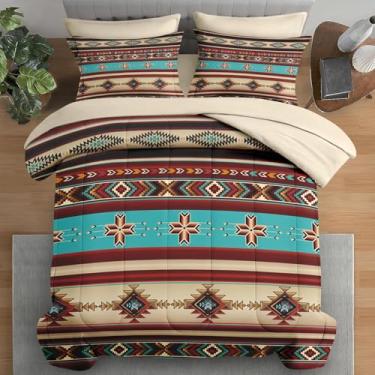 Imagem de Pamnest Jogo de edredom Queen, étnico tribal africano, 7 peças, para crianças e adultos, asteca mexicano, marroquino, com elástico, 2 fronhas e 2 fronhas para decoração de quarto